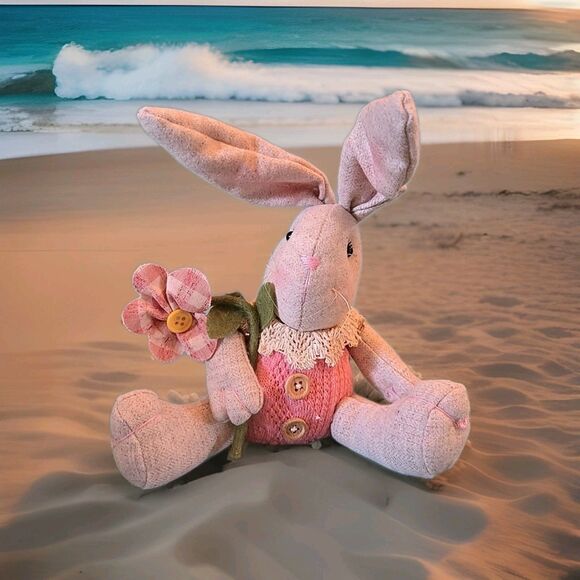 Cotton & Co. Easter Rabbit Fabric Shelf Sitter Tabletop Doll Pink Weighted Bunny - Picture 6 of 9